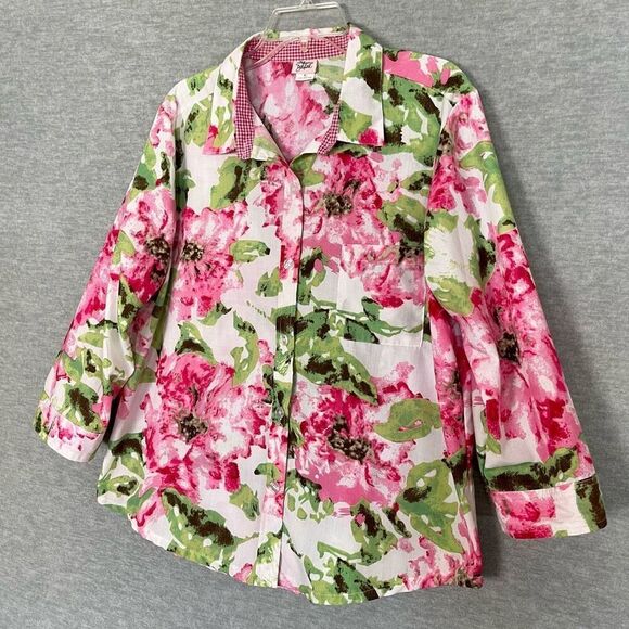 Adrian Delafield Floral Gingham Shirt Womens XL Button Up Easter Spring Country - Picture 2 of 11